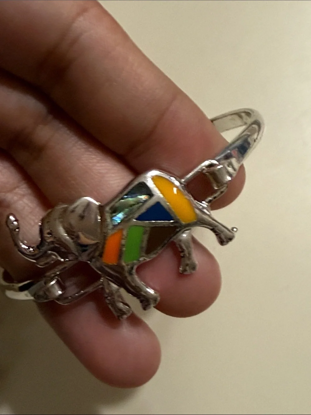 Silver Elephant Multicolor Inlay Bangle Bracelet